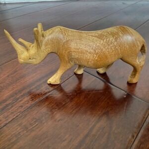 Vintage Hand Carved Wood Rhinoceros Figurine Safari Tribal Decor 10" Retro MCM